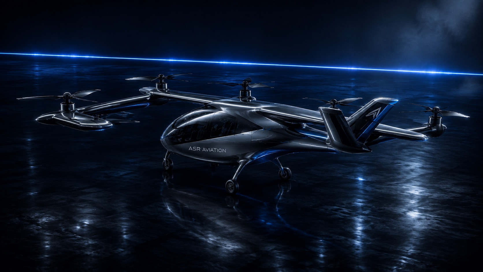 ASR Aviation electric air taxi on a lit pad at night