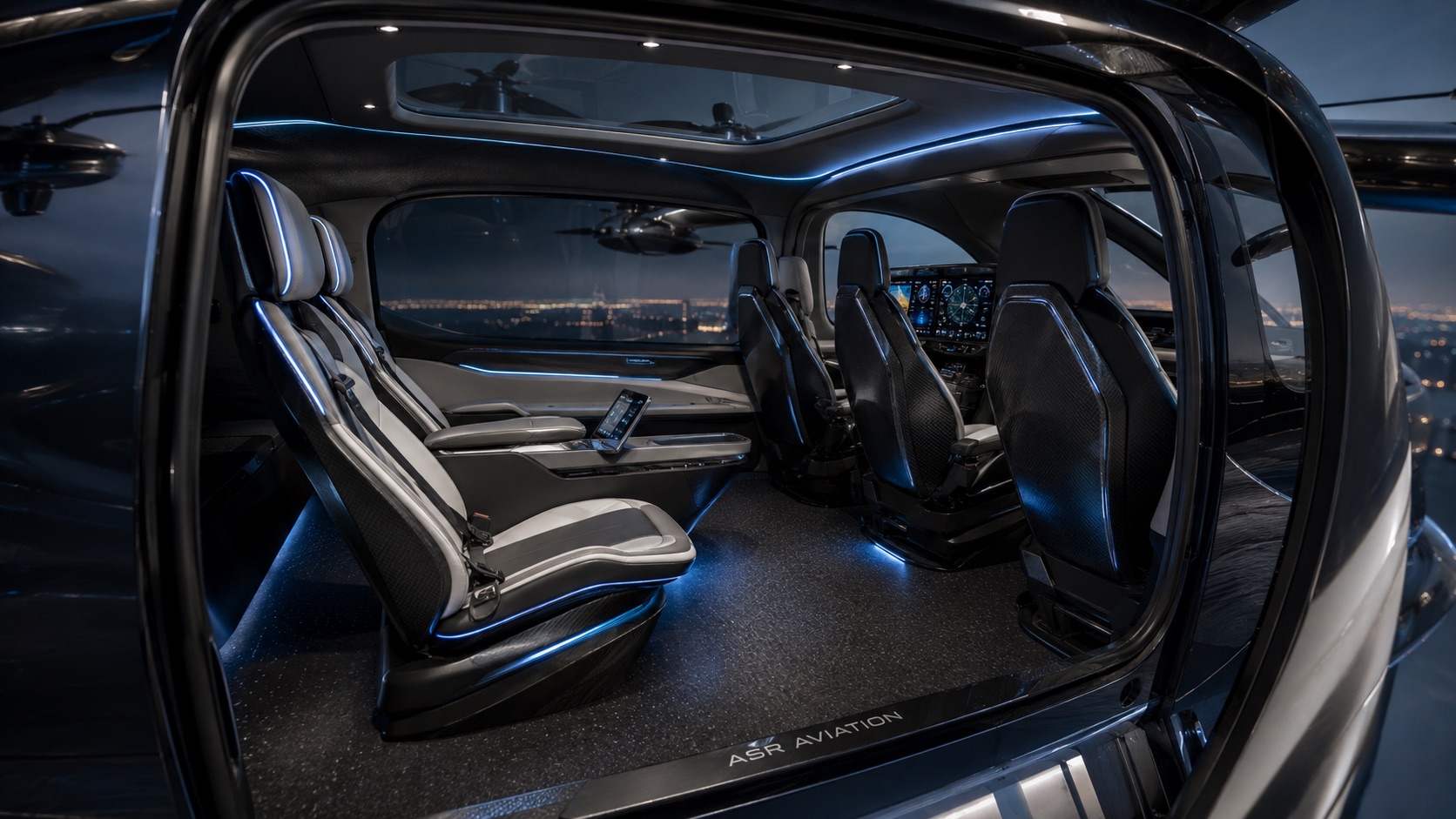 Interior of a concept air taxi cabin above a city at night