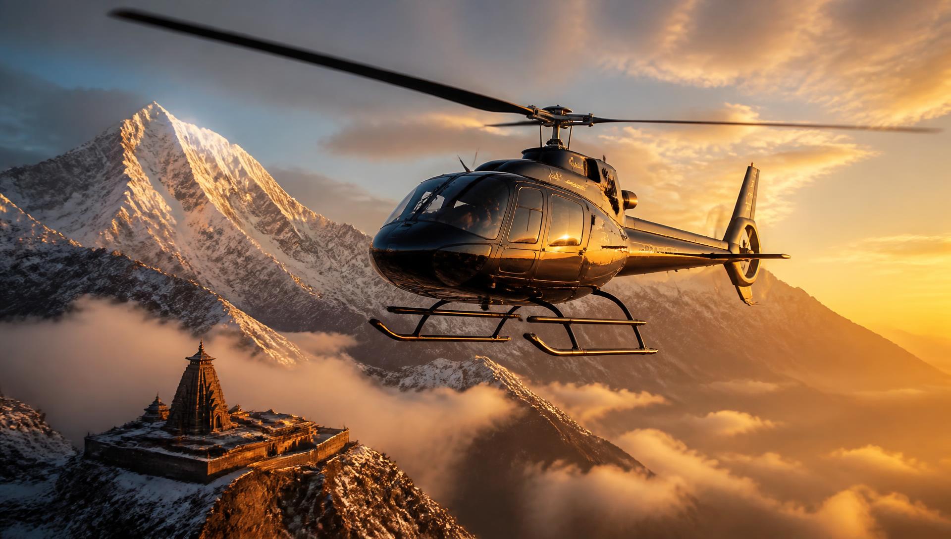 Helicopter over the Himalayan peaks at sunrise